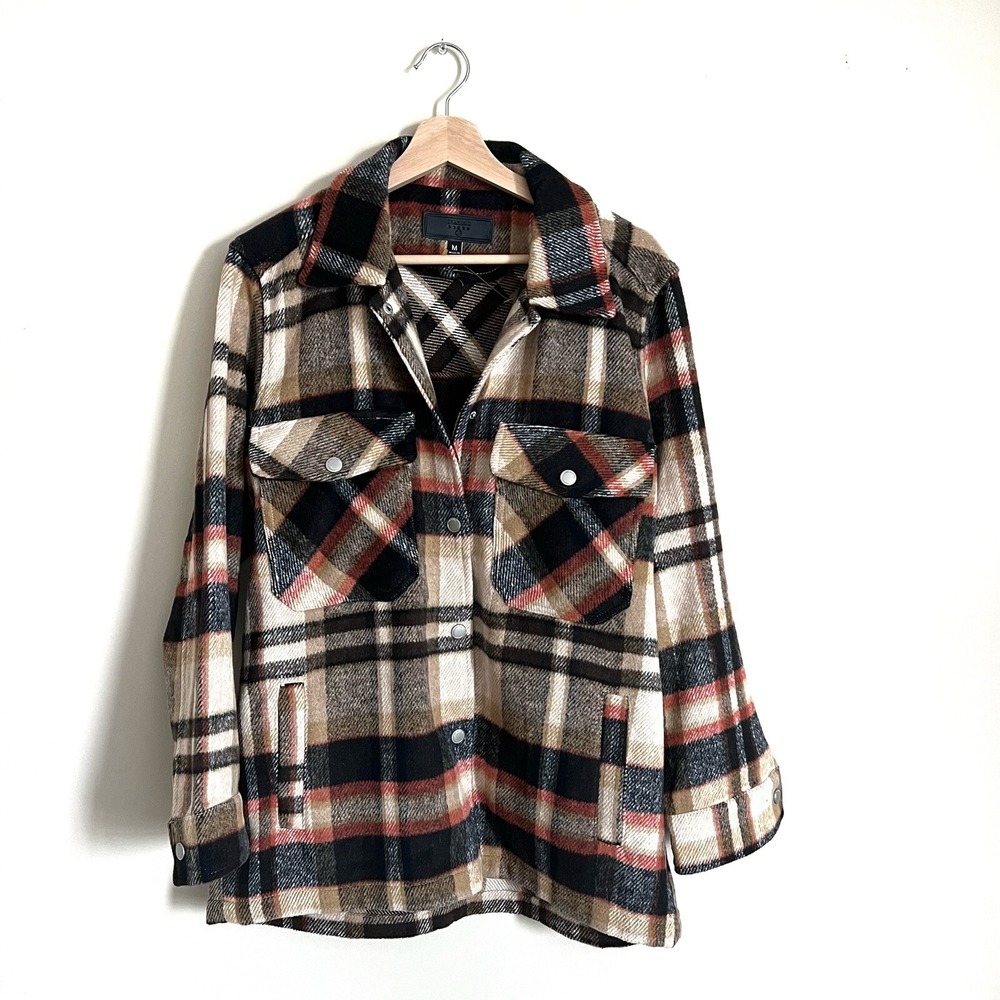 BlankNYC Women's Brown Red Cream Plaid Flannel Jacket SZ-M Long Sleeve Snap